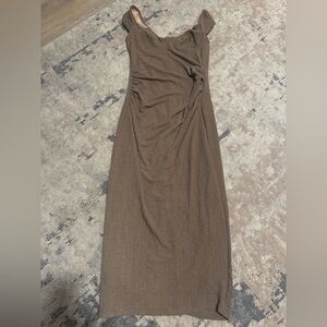 Showpo Cap Sleeve Off The Shoulder Ruched Brown Dress size 10 New With Tags